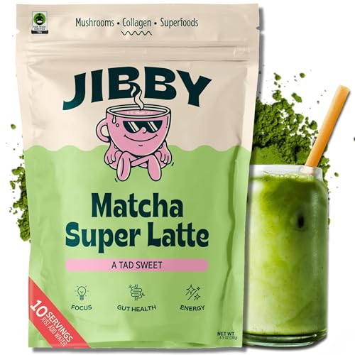 Matcha Super Latte - Ceremonial Grade Green Tea Organic Matcha Powder, Collagen, MCT Oil, Superfood Mushrooms, Matcha Latte Collagen Powder, Detox Mushroom Matcha Powder (A Tad Sweet, 10 Servings) - A Tad Sweet - 10 Servings