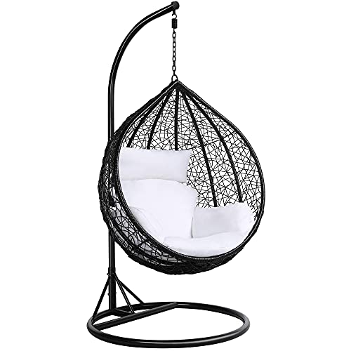 Yaheetech Rattan Swing Egg Chair Garden Patio Indoor Outdoor Hanging Chair with Stand Cushion and Cover,Black - Black