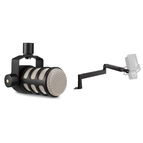 RØDE PodMic Broadcast-quality Dynamic Microphone with Integrated Swing Mount & Elgato Wave Mic Arm LP - Premium Low Profile Microphone Arm with Cable Management Channels - PodMic - + Mic Arm LP