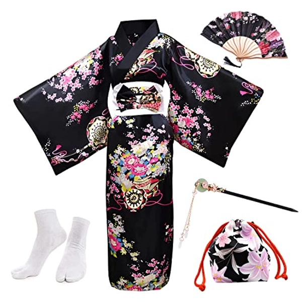 PLULON 5Pcs Japanese Robe Geisha Yukata Dress Blossom Satin Bathrobe - XX-Large - Black