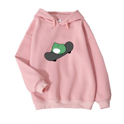Women's Cute Sweatshirts Skateboarding Frog Long Sleeve Hoodie Pullover Tops - Pink Large