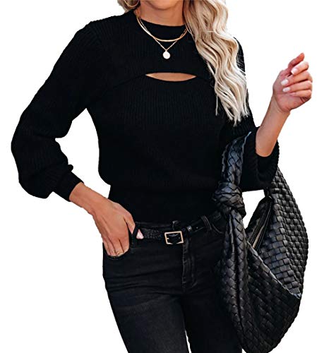 Elysa Kees Womens Keyhole Sweaters Rib Knit Cut Out Tops Crew Neck Long Sleeve Pullover - X-Large - Black