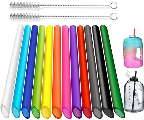 ALINK 12 PCS Reusable Plastic Boba Straws, 13 inch Extra Long Wide Smoothie Straws for 1 Gallon, 64/32 oz Water Bottles, Bubble Tea, Tapioca Pearls with 2 Brush - Pointed Design - 13 INCH