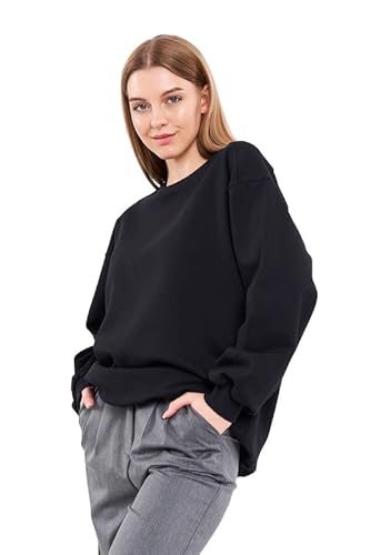 COMEOR Sweatshirt Damen Bequemer Oversize Pullover aus Baumwolle, Langarmshirt als Basic Pulli ohne Kapuze Regular Fit - Schwarz - L