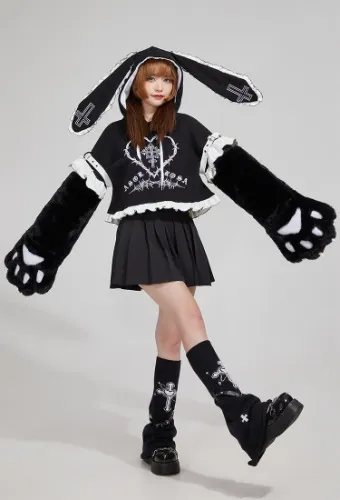  Black Gothic Lolita Furry Paw Hoodie