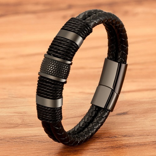 Vegan Leather Bracelet With Stainless Steel Details - Black
