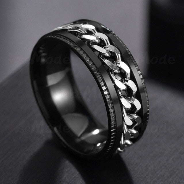 Mens Stainless Steel Rotatable Chain Style Black Ring - Silver / 12