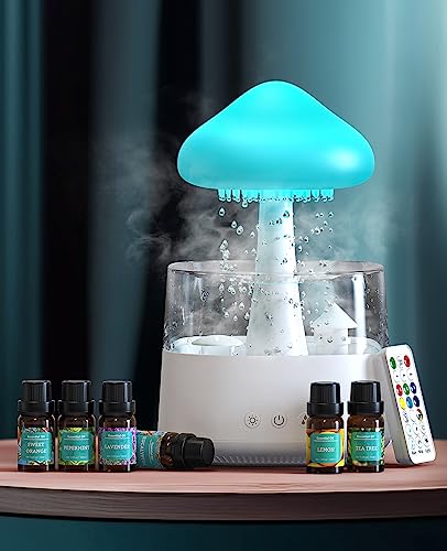 Rain Cloud Humidifier Water Drip, 2 in 1 Humidifier with Essential Oil Diffuser,450ml Cloud Humidifier Rain Drop,Mushroom Humidifier with 7 Colors for Sleeping Relaxing - White