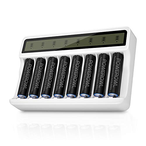 POWEROWL 2800mAh Rechargeable AA Batteries with Smart 8 Bay Battery Charger, Low Self Discharge Ni-MH Double A Batteries, 8 Count