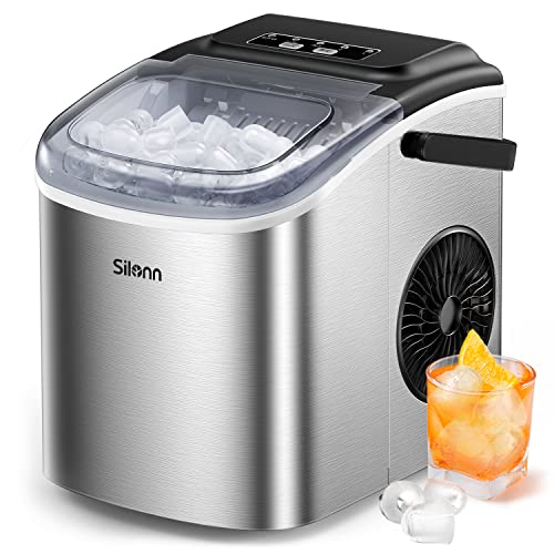 Silonn Countertop Ice Maker, Portable Ice Makers Machine 9 Cubes Ready in 6 Mins, 26lbs in 24Hrs, Self-Cleaning Ice Machine with Ice Scoop and Basket, 2 Sizes of Bullet Ice, Stainless Steel - Stainless steel