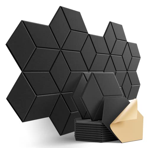 Dailycooper 12 Pack Self-adhesive Acoustic Panels 12" X 10" X 0.4" - Sound Proof Foam Panels with High Density, Fashionable Y-Lined Design, Flame Resistant, Absorb Noise and Eliminate Echoes(Black) - Y-Cut Hexagon 12 Pack - Black