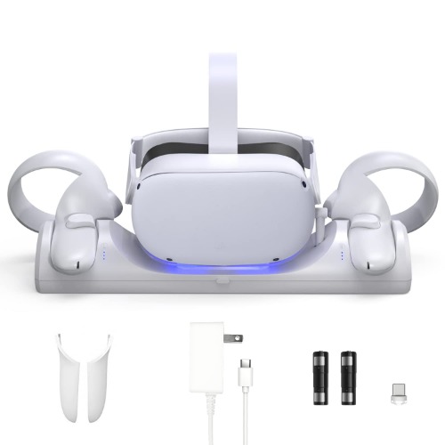 VR Charging Station for Oculus Quest 2/Meta Quest 2, Charging Dock Supports LED indicator/Simultaneously Magnetic Charging Headset and Touch Controller, with 2 Rechargeable Batteries and USB-C Charger