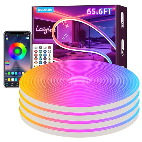 Meijiajia 65.6FT LED Neon Rope Lights with App/Remote Control, Flexible RGB Neon Rope Lights, Multiple Modes, Outdoor LED Rope Lights Waterproof, Music Sync Game LED Strip Lights for Bedroom Indoor - RGB-65.6FT