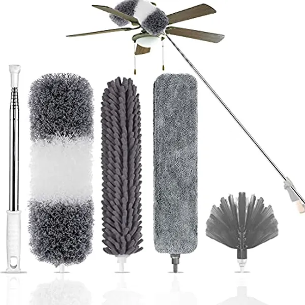 Kelursien Microfiber Duster with Extension Pole 30-100 Inches - 5PCS Furniture Dusters for Cleaning High Ceiling Fans, Cobwebs, Blinds - Retractable Gap Dust Brush Cleaner and Long Feather Duster