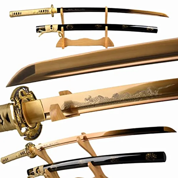 Handmade Gold Blade Japanese Samurai Sword Hand Etching engrave Gold Dragon Katana Full Tang Sharp Can Cut Bamboo Trees (Gold Dragon Katana)