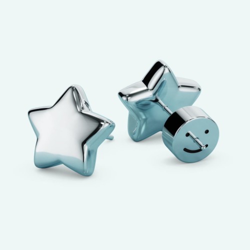 Puffy Stud Earrings - Star - Silver / Pair