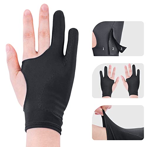 Artist Drawing Glove 3-Layer Palm Rejection [2 Pack Black] Right Left Hand Digital Art Graphic Tablet iPad Gloves Two Finger Smooth Elasticity Breathable for Stylus Pen Pencil Sketching Painting - 2 Pack Black