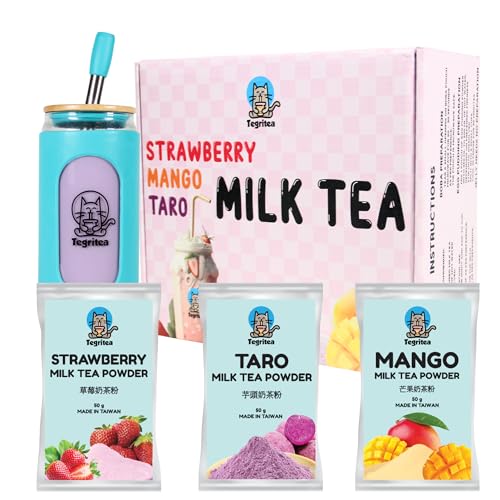 Best Bubble Tea Home Kit DIY | Real Tea | Ready In 10 Minutes | 30 Seconds Boba| Tegritea (6 Servings w/Deluxe Cup, Strawberry | Mango | Taro (Boba & Jelly Toppings)) - Strawberry | Mango | Taro (Boba & Jelly Toppings w/ Tumbler) - 6 Count (Pack of 1)