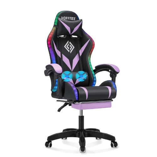 HOFFREE Gaming Chair with RGB LED Lights Ergonomic Computer Chair with Massage Lumbar Pillow Linkage Armrest Reclining Leather Video Game Chair Racing Style for Home Office