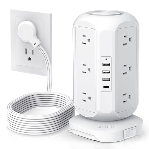 Tower Power Strip Flat Plug with 12 Outlets 4 USB(1 USB C),AOFO Surge Protector Charging Station with Overload Protection, Widely Spaced Multiple Outlets 10Ft Extension Cord for Home, Dorm,Office - 10FT - White