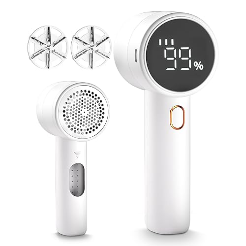 Fabric Shaver, Lint Remover Rechargeable, Electric Portable Sweater Defuzzer with 3 Speeds, 6 Leaf Blades, Digital LED Display to Remove Pilling for Clothes, Furniture, Sweater, Couch, Blanket - White