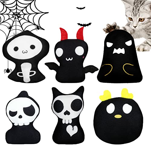 YHomU Cat Catnip Toys Horrible Halloween Ghost Cat Chew Toy Bite Resistant Catnip Toys Set of 6 Ghost Monster 2-Sided Catnip Filled Teething Chew Toys Pet Gift for Kitten Cats - Black