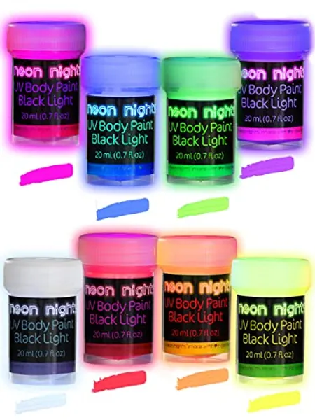 Neon Nights UV Body Paint Set | Blacklight Glow Makeup Kit | Fluorescent Face Paints for Music Festivals, Photo Shoots, Nights Out - Easy to Use and Remove, Premium Quality, Vibrant Colors | 8 Colors - UV Body Paint