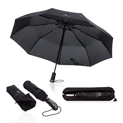 VON HEESEN® Regenschirm sturmfest bis 140 km/h - inkl. Schirm-Tasche & Reise-Etui - Taschenschirm mit Auf-Zu-Automatik, klein, leicht & kompakt, Teflon-Beschichtung, windsicher, stabil - Schwarz