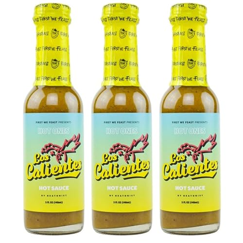 Hot Ones Los Calientes Verde Hot Sauce Made With Natural Ingredients & Fiery Flavors From Green Serrano Peppers, Orange Habanero & Apricot, 5 fl oz Bottles (3-Pack) - Verde - 5 Fl Oz (Pack of 3)