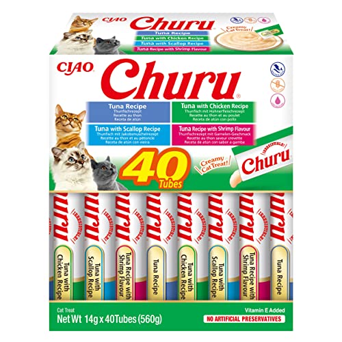 Churu by INABA Cat Treat - Tuna Seafood Variety Box - 1 Pack (40 x 14g total) / Soft & Creamy Cat Treat, Delicious & Healthy Snack, Purée Food Topper, Natural, Grain Free - Tuna Seafood - 14.00 g (Pack of 40)