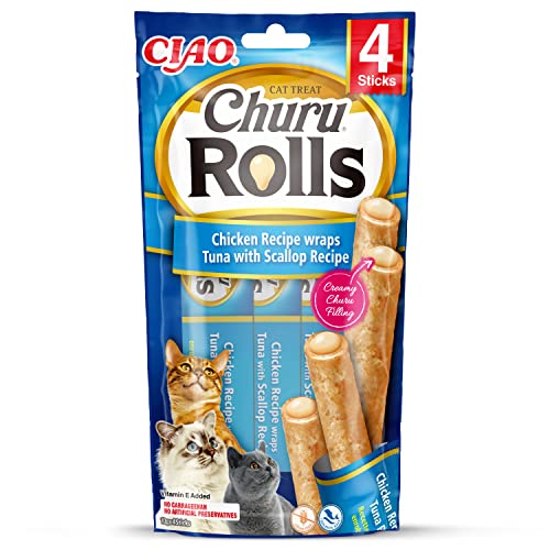 Ciao Churu Rolls by INABA Cat Treat - Chicken, Tuna & Scallop Flavour 12 Pack (48 x 10g) / Crispy Sticks with Creamy Filling Cat Treat, Delicious & Healthy Snack, Hand Feeding, Natural, Grain Free - Chicken, Tuna & Scallop - 10 g (Pack of 12)