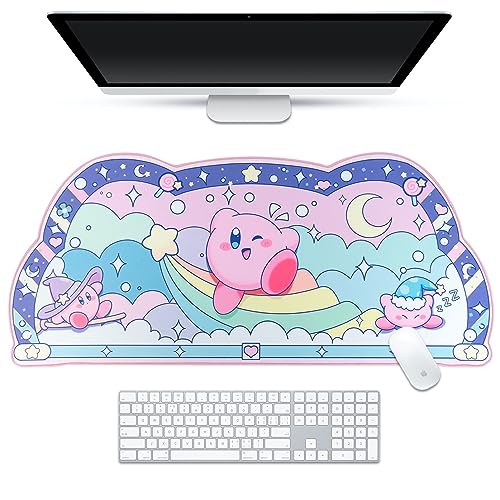 BelugaDesign Pink Puff Ball Desk Pad | Kawaii Cute Anime Keyboard Gaming PC Laptop Mat | Large Super Smash Star Allies Forgotten Land Large Mat Mousepad | Pastel Pink Blue Desk Blotter Protector - Kirby