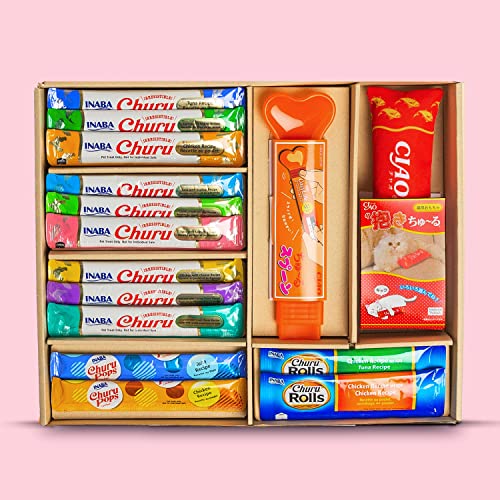 Ciao Churu Gift Box 13x Delicious Snacks 9x Churu, 2x Churu Pops, 2x Churu Rolls + 2 Special Gifts, Feeding Spoon + Toy