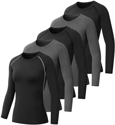 NebuKinex 5 Pack Women's Compression Shirt Long Sleeve Workout Tops Athletic Baselayer Quick Dry Gym Yoga Running T-Shirt - Medium - 3black+2grey