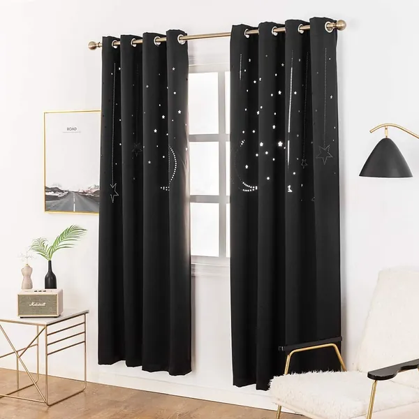 MANGATA CASA Kids Star Blackout Curtains Grommet Thermal 2 Panels for Bed Room,Cutout Galaxy Window Curtain Darkening Drapes for Nursery Living Room(Black 52x96in) - Black 52x96inch-2panels