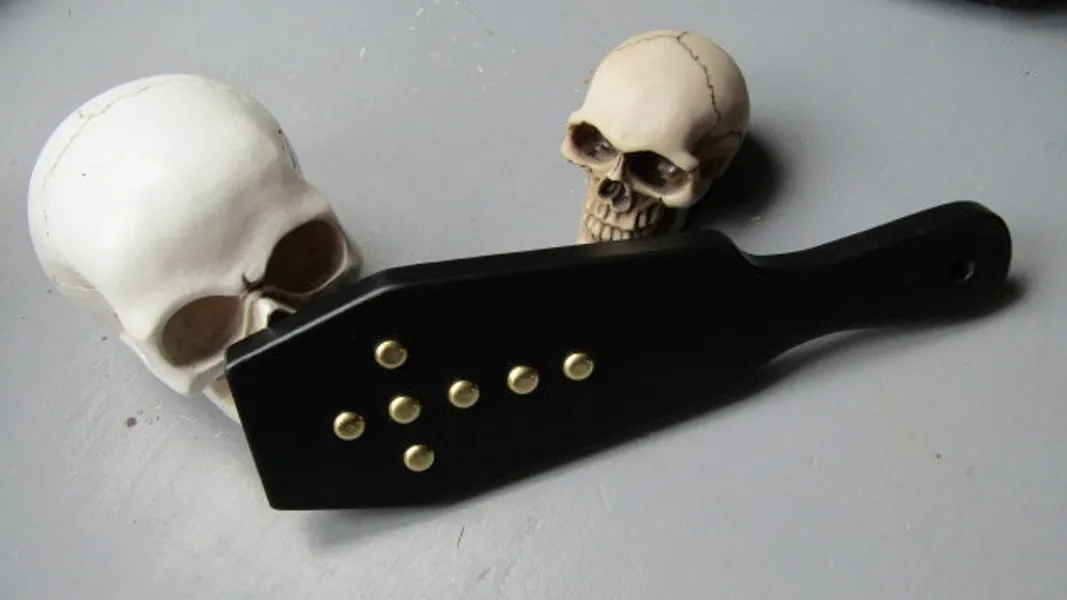 Satin Black Coffin-shaped spanking paddle  Goth/ Gothic vegan friendly Thuddy impact toy with brass studs