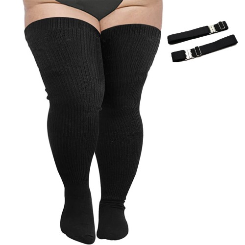 HOTSO Plus Size Thigh High Socks Women Over the Knee Socks Black Ladies Knee High Tights Striped Boot Stockings for Women Extra Long Socks