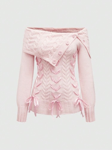 ROMWE Suéter holgado con hombros descubiertos, lazo y cintura anudada, estilo Y2K para mujer