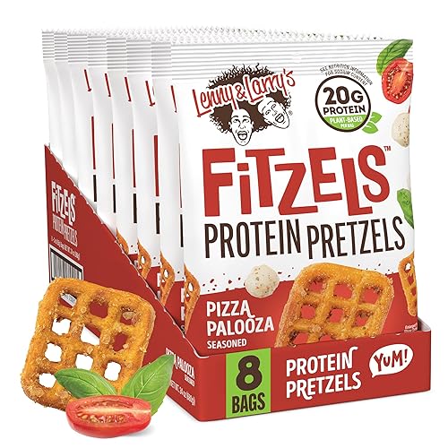 Lenny & Larry's Pizza Palooza FITZELS- Savory Pretzel Snacks Incredibly Tasty High Protein, Salty, Vegan, Kosher 18 g's of Plant Based Protein 8 (eight) Bags, 3 oz Each - Palooza FITZELS