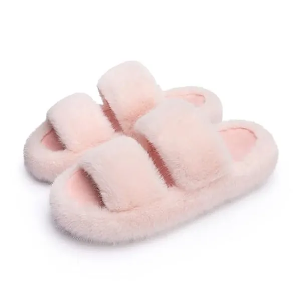 Chantomoo Women's Memory Foam Fuzzy Comfy Faux Fur House Shoes - Furry Bedroom Indoor Open Toe Slippers with Two Bands - Trendy Gift Slippers - 7-8 - Pink