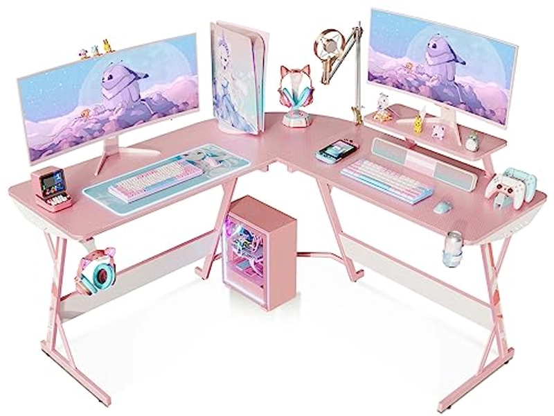 MOTPK Pink Gaming Desk L Shaped, 51 Inch Gamer Desk Gaming Table with Carbon Fiber Texture, Corner Computer Desk L Shape with Monitor Stand & Cup Holder & Headphone Hook, for Women & Girls Gift
