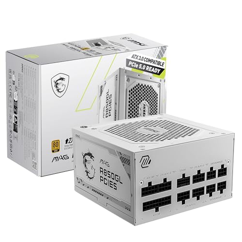 MSI MAG 850GL PCIE 5 White Gaming Power Supply - Full Modular - 80 Plus Gold Certified 850W - Compact Size - ATX PSU - MAG A850GL PCIE5 WHITE