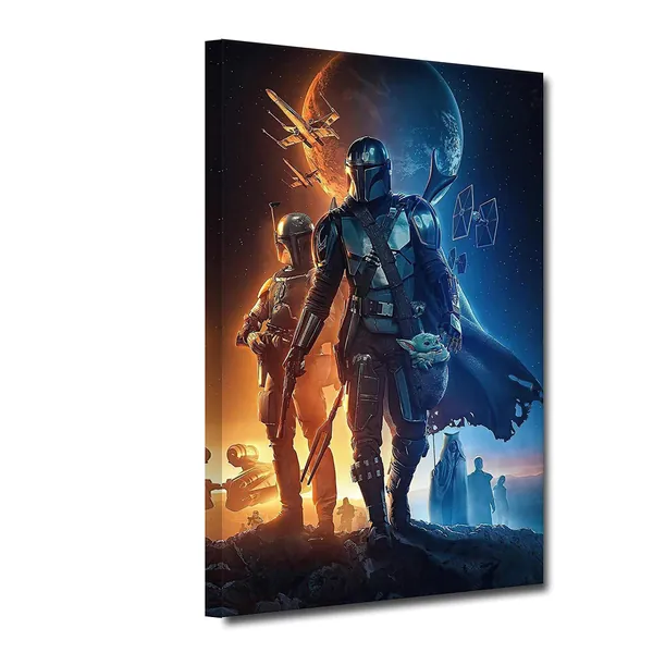 Star Wars Poster - Mandalorian and Baby Yoda Canvas Prints HD Decorative Wall Art Giclee Framed & Stretched Artwork for Fans Gift Ready Hang in Living Room Bedroom (SW-4, 12 X 18 Inches)