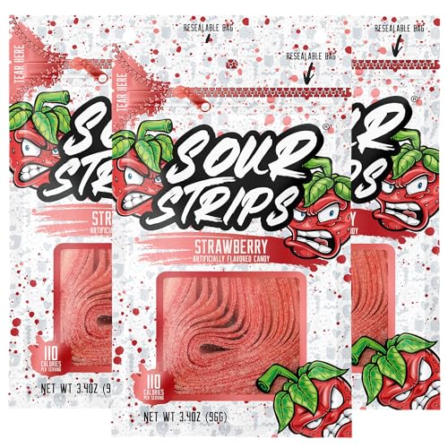 Sour Strips Flavored Sour Candy Strips, Deliciously Sour Chewy Candy Belts, Vegetarian Candies, 3 Pack (Strawberry (3-Pack)) - Strawberry (3-Pack)