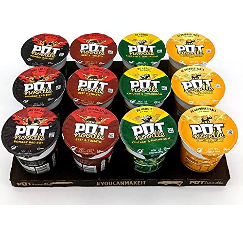 Noodles Multipack of 12 With 3x Pot Noodle Beef and Tomato,3x Pot Noodle Chicken & Mushroom, 3x Pot Noodle Original Curry, and 3x Pot Noodle Bombay Bad Boy - Quick and Easy Ready Meals and Snacks