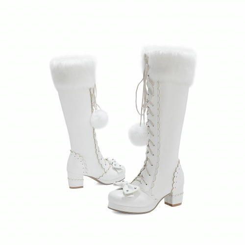 Lolita Bow Fur Knee High Boots - White / 7