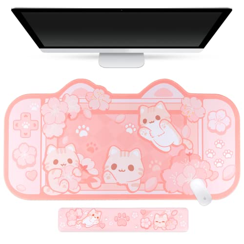 BelugaDesign Sakura Cat Desk Pad | NS Switch Keyboard Laptop Gaming Mat Large Mat Mousepad | Pastel Pink Kawaii Cute Anime Desk Blotter Protector with Gel Wrist Support - Pink