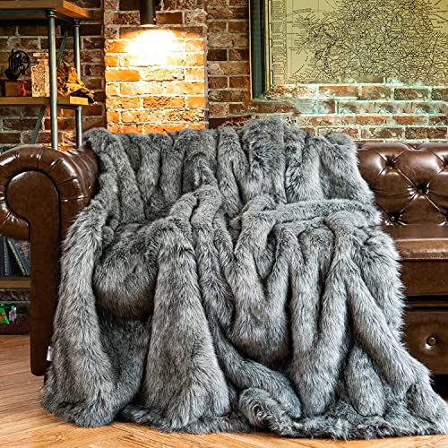 BATTILO HOME Grey Faux Fur Throw Blankets 60"x80" Luxury Decorative Fuzzy Warm Cozy Fake Fur Blanket for Bed Sofa Couch - Grey - 60"x80"