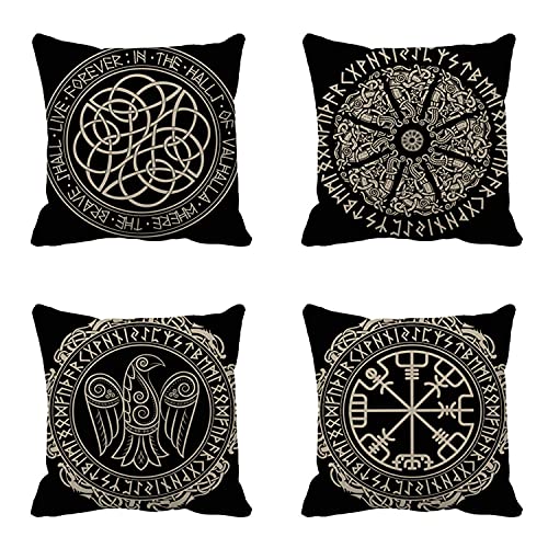 rouihot Set of 4 Throw Pillow Covers Nordic Ancient Scandinavian Shield Viking Magical and Runes White Black Emblem 18x18 Inch Home Decor Pillowcases Square Pillow Cases Cushion Covers for Sofa - 18 x 18-Inch - Color 18