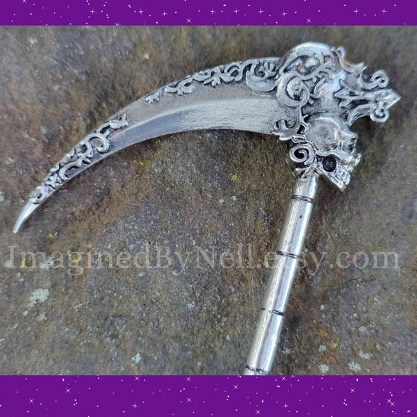 Scythe Hair Stick, Death Scythe, Grim Reaper, Witch Jewelry, Gothic Accessories, Pagan Jewelry, Witchy Accessory, Gift For Him, Gift For Her